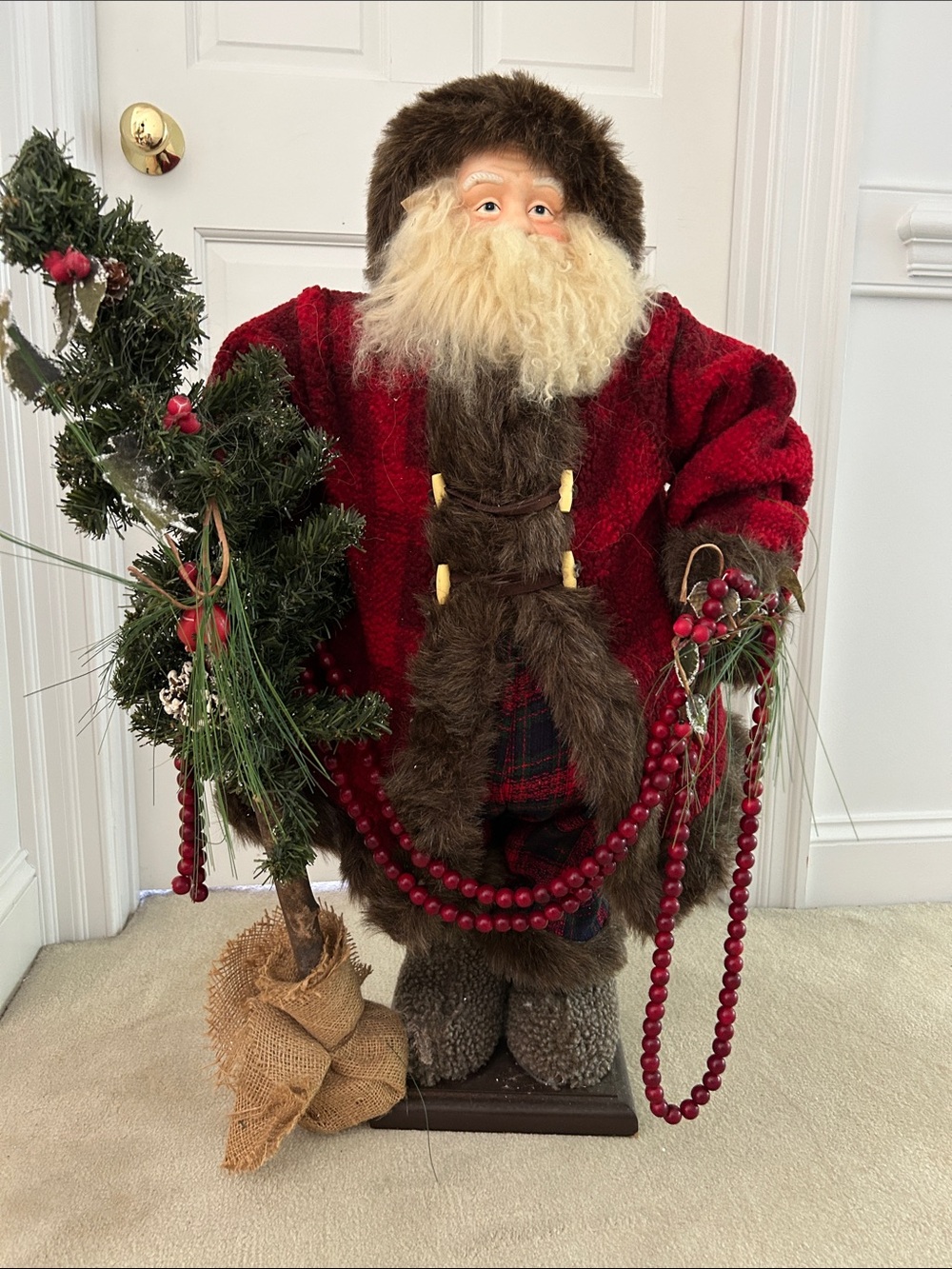 Traditional Red Santa Holiday Figure with Beaded Garland